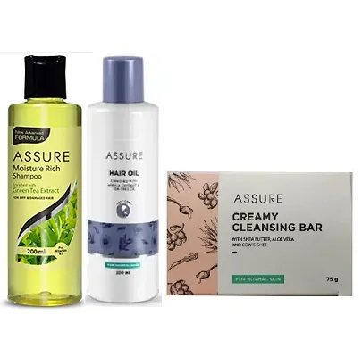 Assure Green Tea Extracts Moisture Rich  Shampoo and Hair Oil (Each, 200ml) with Creamy Cleansing Bar (75g) - Combo of 3 Items
