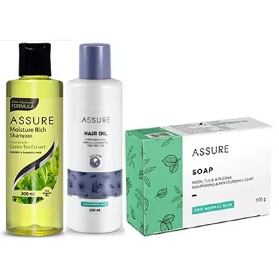 Assure Green Tea Extracts Moisture Rich Shampoo and Hair Oil (Each, 200ml) with Neem, Tulsi, Pudina Soap (100g) - Combo of 3 Items