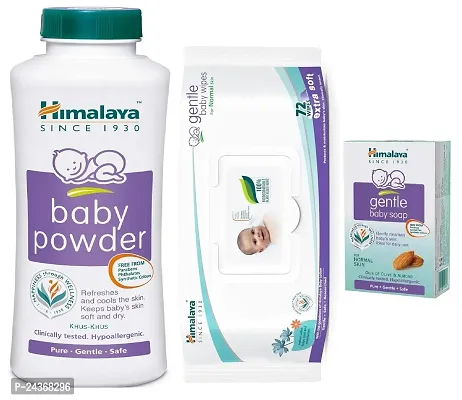 Himalaya Baby Powder 400g and Gentle Baby Wet Wipes with LID (72N)  with Gentle Baby Soap 75g - Combo of 3