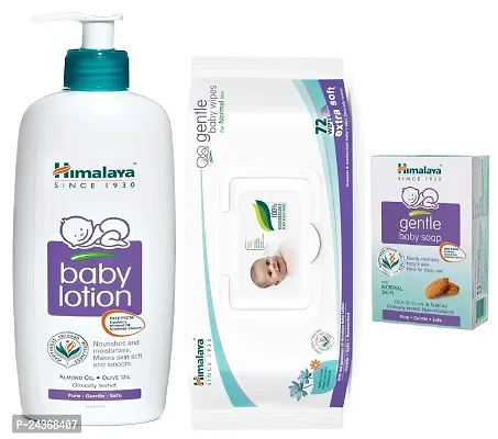 Himalaya Baby Lotion 400ml and Gentle Baby Wet Wipes with LID (72N)  with Gentle Baby Soap 75g - Combo of 3
