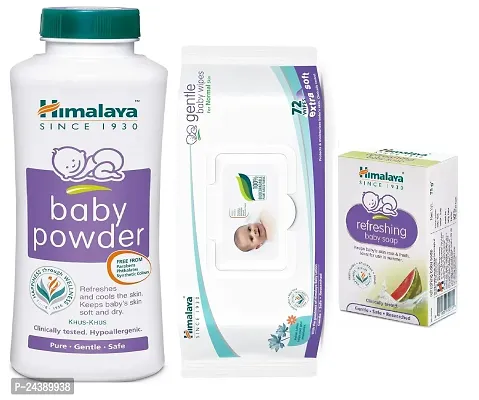 Himalaya Baby Powder 400g and Baby Wet Wipes with LID (72pc) with Refreshing Soap 75g - Combo of 3
