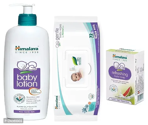 Himalaya Baby  Lotion 400ml and Baby Wet Wipes with LID (72pc) with Refreshing Soap 75g - Combo of 3