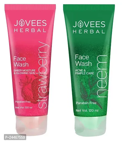 Jovees Herbal (Strawberry and Neem) Face Wash for Men and Women (Each, 120ml) Combo of 2