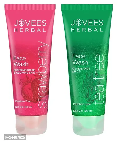 Jovees Herbal (Strawberry and Tea Tree) Face Wash for Men and Women (Each, 120ml) Combo of 2