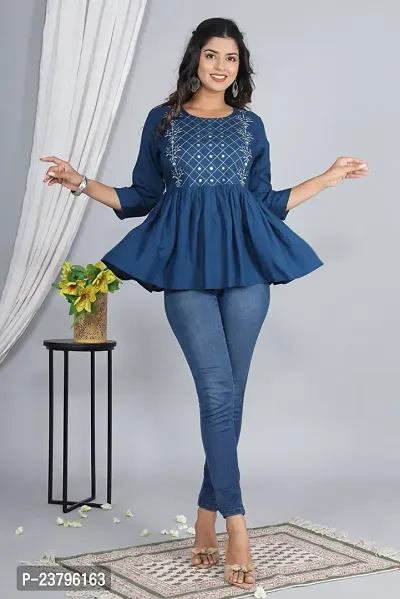 Casual Regular Sleeves Embroidered Women Blue Top-thumb0