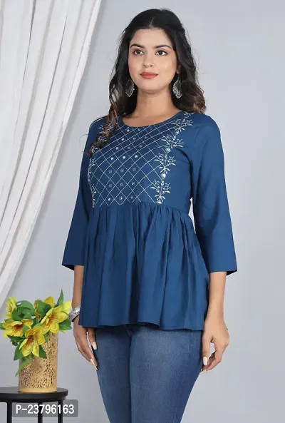 Casual Regular Sleeves Embroidered Women Blue Top-thumb4