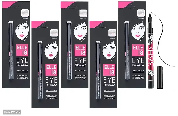 Elle 18 Eye Drama Black Kajal (pack of 5) + 36h eyeliner