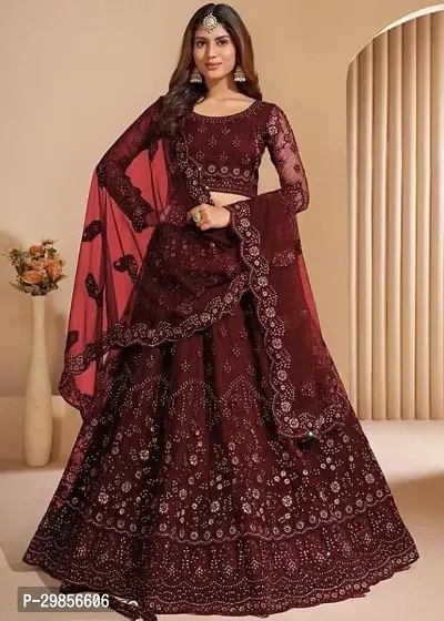 Stylish Maroon Net Embroidered Lehenga Choli with Dupatta Set For Women