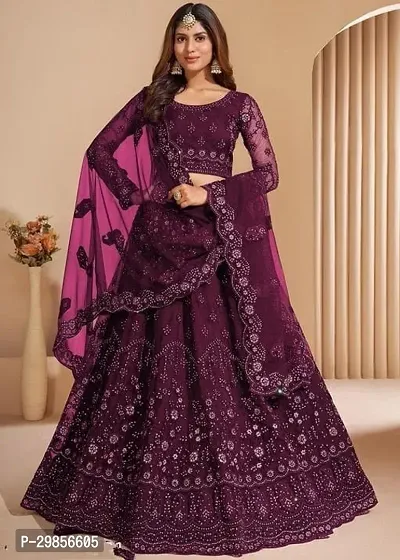 Stylish Magenta Net Embroidered Lehenga Choli with Dupatta Set For Women