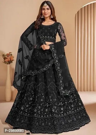 Stylish Black Net Embroidered Lehenga Choli with Dupatta Set For Women-thumb0