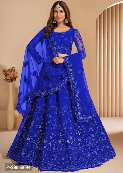 Stylish Blue Net Embroidered Lehenga Choli with Dupatta Set For Women-thumb0