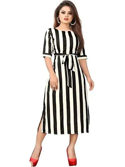 Stylish Crepe Striped Fit And Flare Dress For Women