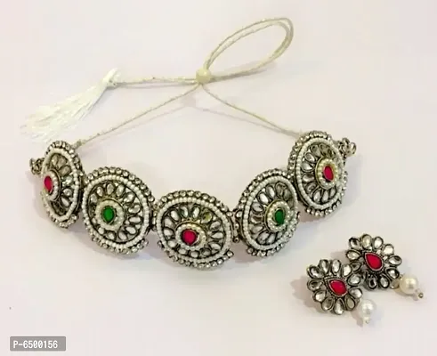 Traditional Silver Color Choker Necklace and Earring Set, For Navratri, Ethnic Wear, Wedding Ceremony, Pack of 1