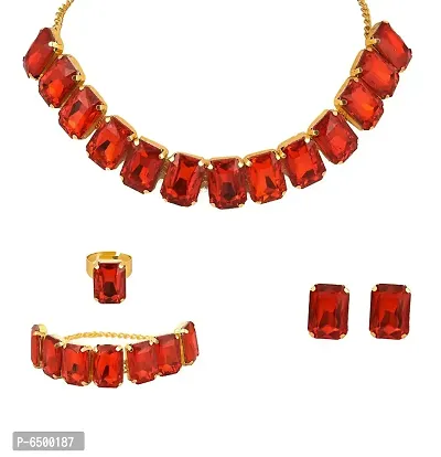 Crystal Stone Choker Necklace Set with One Pair Earring, Bracelet and Finger Ring, For Traditional, Western and Indo Western Wear, Pack of 1