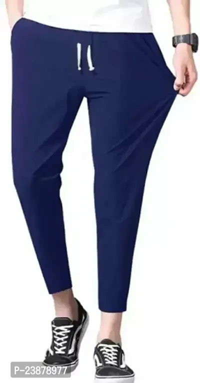 Stylish Blue Cotton Blend Solid Regular Track Pants For Men