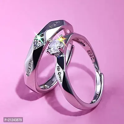 Punjabi Swagg Couple Rings Stainless Steel King Queen Silver Plated Cubic Zirconia Crystal Ring Set-thumb0