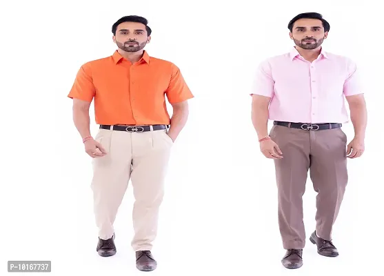 DESHBANDHU DBK Men's Plain Solid Cotton Regular Fit Half Sleeves Formal Shirt's Combo (Pack of 2) (40, Orange-Pink)-thumb0