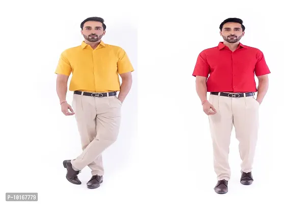 DESHBANDHU DBK Men's Plain Solid Cotton Half Sleeves Regular Fit Formal Shirt's Combo (Pack of 2) (44, Mustard_RED)-thumb0