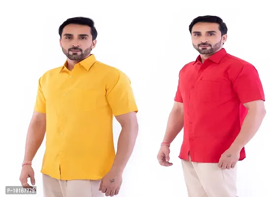 DESHBANDHU DBK Men's Plain Solid Cotton Half Sleeves Regular Fit Formal Shirt's Combo (Pack of 2) (44, Mustard_RED)-thumb2
