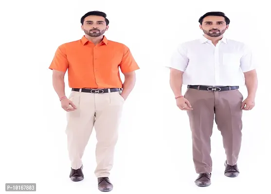 DESHBANDHU DBK Men's Plain Solid Cotton Regular Fit Half Sleeves Formal Shirt's Combo (Pack of 2) (42, Orange-White)-thumb0