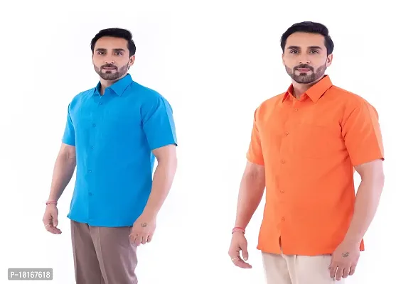 DESHBANDHU DBK Men's Plain Solid Cotton Half Sleeves Regular Fit Formal Shirt's (Pack of 2) (42, FIROZI - Orange)-thumb3