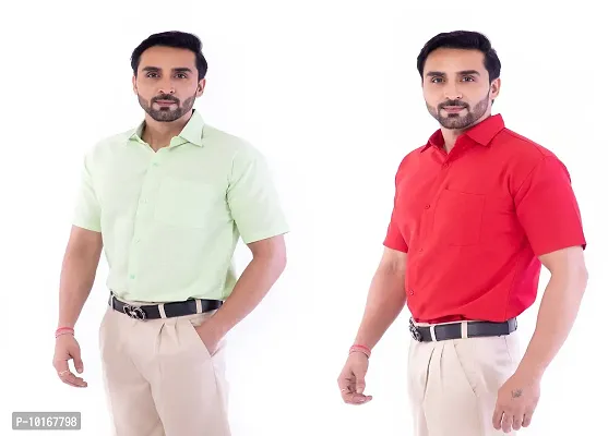DESHBANDHU DBK Men's Plain Solid Cotton Half Sleeves Regular Fit Formal Shirt's Combo (44, Parrot_RED)-thumb3