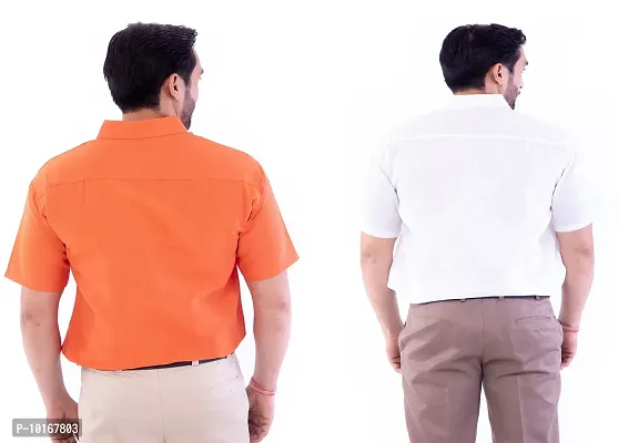 DESHBANDHU DBK Men's Plain Solid Cotton Regular Fit Half Sleeves Formal Shirt's Combo (Pack of 2) (42, Orange-White)-thumb4