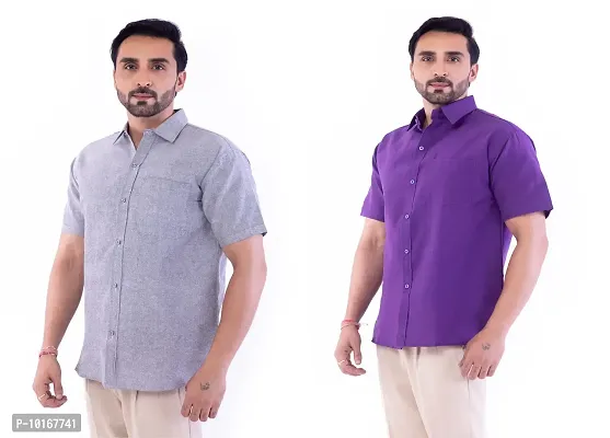 DESHBANDHU DBK Men's Cotton Solid Regular Fit Half Sleeve Combo Shirts (Pack of 2) (42, Grey_Purple)-thumb2