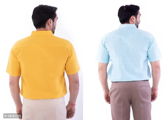 DESHBANDHU DBK Men's Plain Solid Cotton Half Sleeves Regular Fit Formal Shirt's Combo (Pack of 2) (40, Mustard_Sky)-thumb4