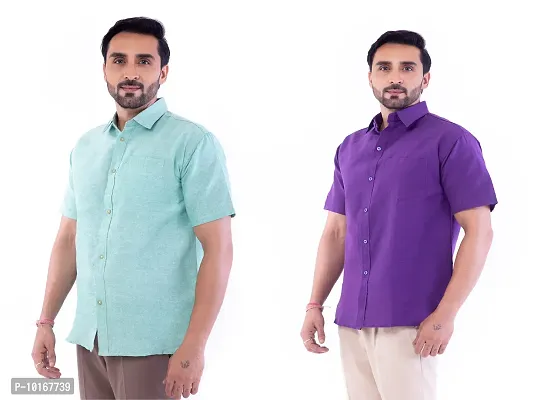 DESHBANDHU DBK Men's Plain Solid Cotton Half Sleeves Regular Fit Formal Shirt's Combo (44, Green - Purple)-thumb3