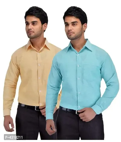 Men's Multicoloured Khadi Cotton Solid Long Sleeves Regular Fit Casual Shirt (Pack of 2)-thumb0