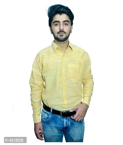 Men's Yellow Khadi Cotton Solid Long Sleeves Regular Fit Casual Shirt-thumb0