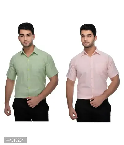 Men's Multicoloured Khadi Cotton Solid Half Sleeves Regular Fit Casual Shirt (Pack of 2)-thumb0