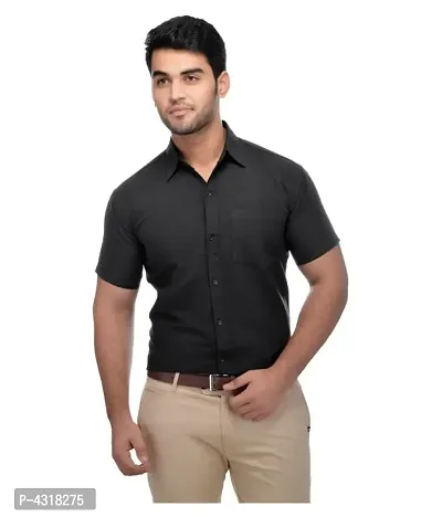 Men's Black Khadi Cotton Solid Short Sleeves Regular Fit Casual Shirt-thumb0