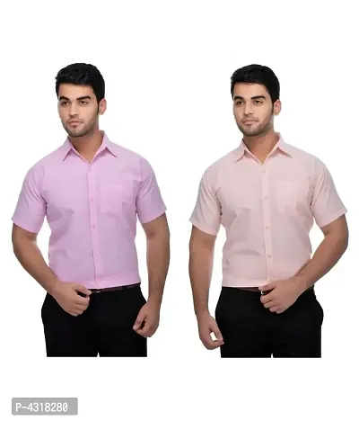 Men's Multicoloured Khadi Cotton Solid Short Sleeves Regular Fit Casual Shirt (Pack of 2)-thumb0