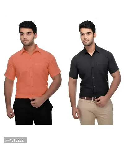 Men's Multicoloured Khadi Cotton Solid Short Sleeves Regular Fit Casual Shirt (Pack of 2)