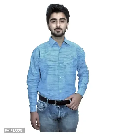 Men's Blue Khadi Cotton Solid Long Sleeves Regular Fit Casual Shirt