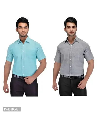 Men's Multicoloured Khadi Cotton Solid Short Sleeves Regular Fit Casual Shirt (Pack of 2)-thumb0