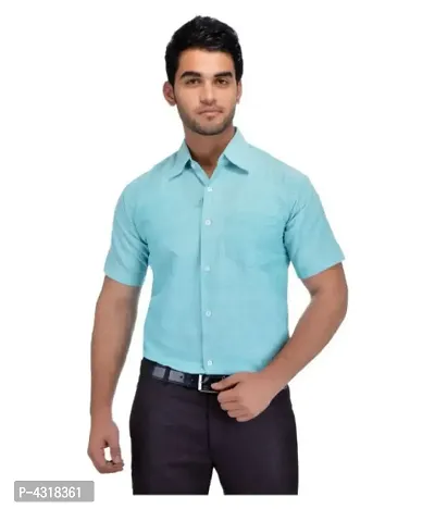 Men's Blue Khadi Cotton Solid Short Sleeves Regular Fit Casual Shirt-thumb0