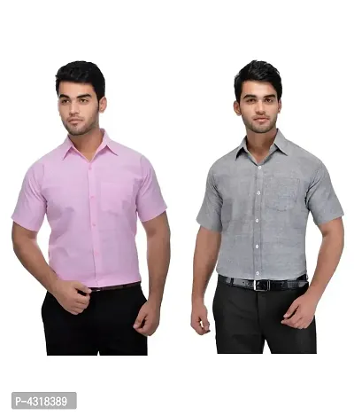 Men's Multicoloured Khadi Cotton Solid Short Sleeves Regular Fit Casual Shirt (Pack of 2)-thumb0