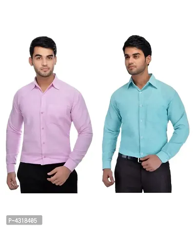 Men's Multicoloured Khadi Cotton Solid Long Sleeves Regular Fit Casual Shirt (Pack of 2)-thumb0