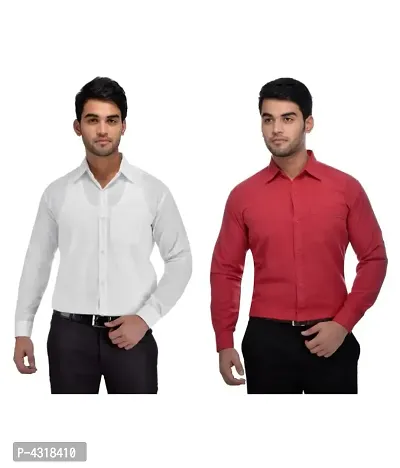 Men's Multicoloured Khadi Cotton Solid Long Sleeves Regular Fit Casual Shirt (Pack of 2)-thumb0
