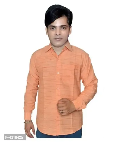Men's Orange Khadi Cotton Solid Long Sleeves Regular Fit Casual Shirt