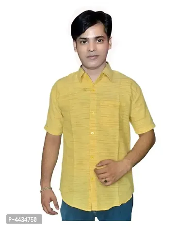 Yellow Cotton Textured Casual Shirts For Men