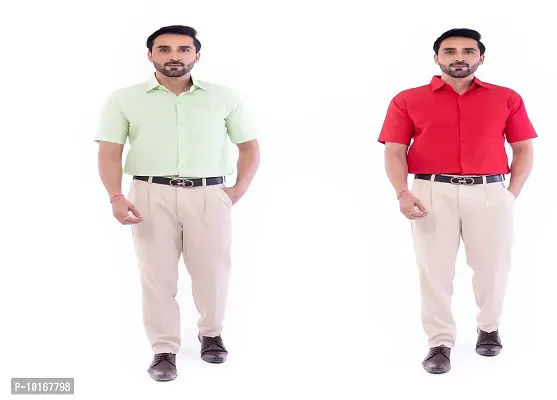DESHBANDHU DBK Men's Plain Solid Cotton Half Sleeves Regular Fit Formal Shirt's Combo (44, Parrot_RED)-thumb0