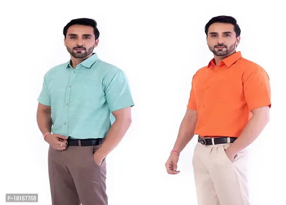 DESHBANDHU DBK Men's Plain Solid Cotton Half Sleeves Regular Fit Formal Shirt's Combo (42, Green - Orange)-thumb4