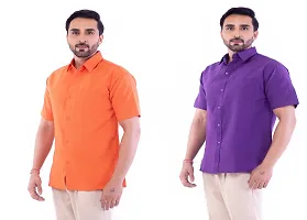 DESHBANDHU DBK Men's Plain Solid Cotton Regular Fit Half Sleeves Formal Shirt's Combo (Pack of 2) (40, Orange-Purple)-thumb1
