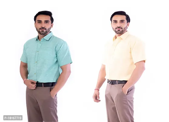 DESHBANDHU DBK Men's Plain Solid Cotton Half Sleeves Regular Fit Formal Shirt's Combo (40, Green - Sand)-thumb3
