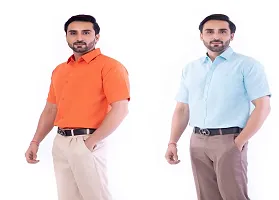 DESHBANDHU DBK Men's Plain Solid Cotton Regular Fit Half Sleeves Formal Shirt's Combo (Pack of 2) (40, Orange-Sky)-thumb2