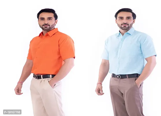 DESHBANDHU DBK Men's Plain Solid Cotton Regular Fit Half Sleeves Formal Shirt's Combo (Pack of 2) (40, Orange-Sky)-thumb3